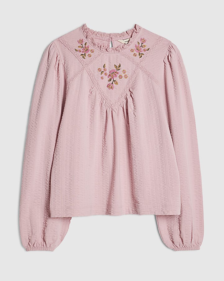 Pink Cotton Floral Embroidered Textured Top