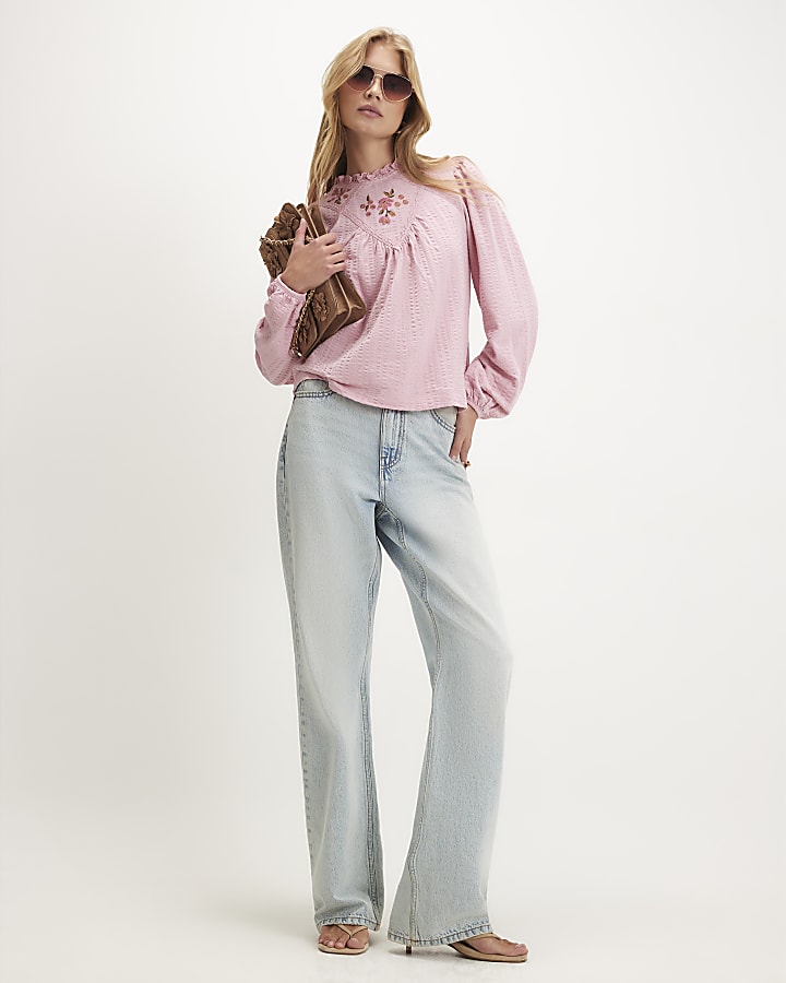Pink Cotton Floral Embroidered Textured Top