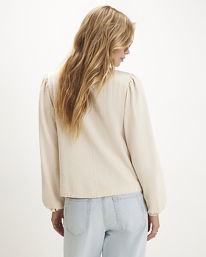 Beige Cotton Floral Embroidered Textured Top
