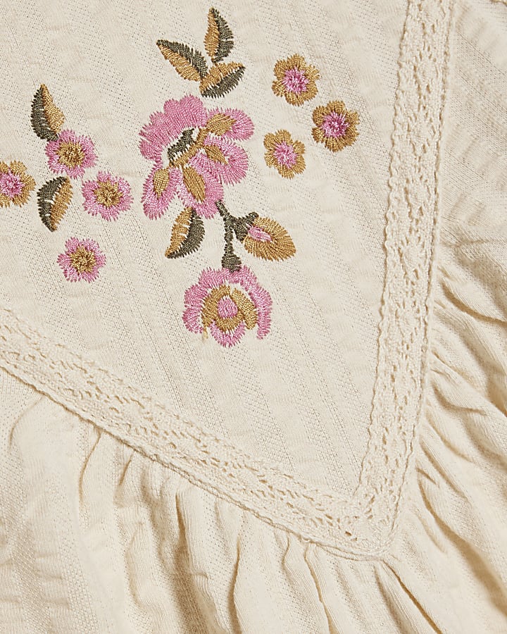 Beige Cotton Floral Embroidered Textured Top