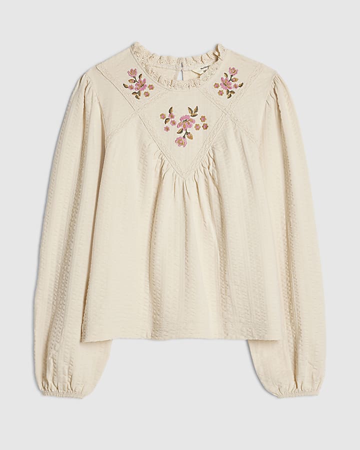 Beige Cotton Floral Embroidered Textured Top