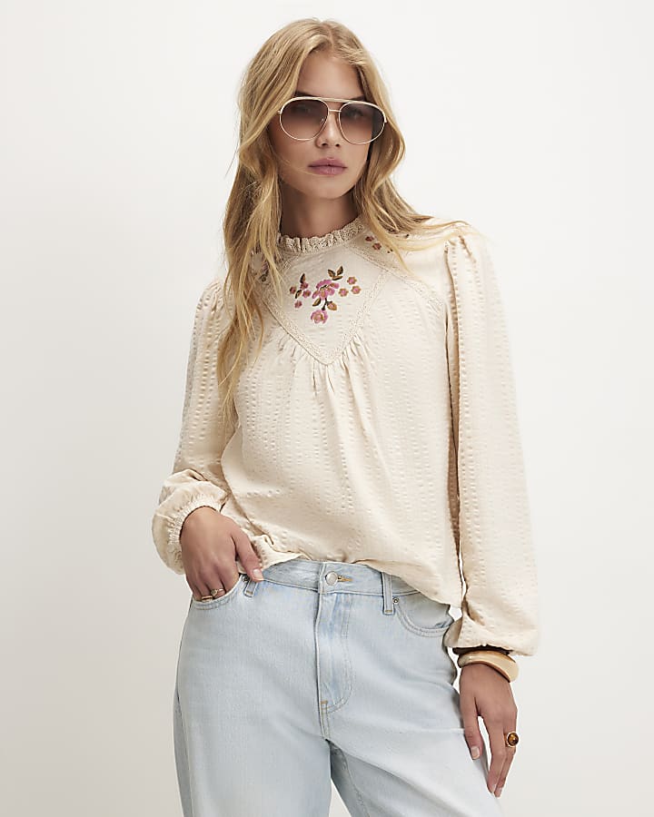 Beige Cotton Floral Embroidered Textured Top