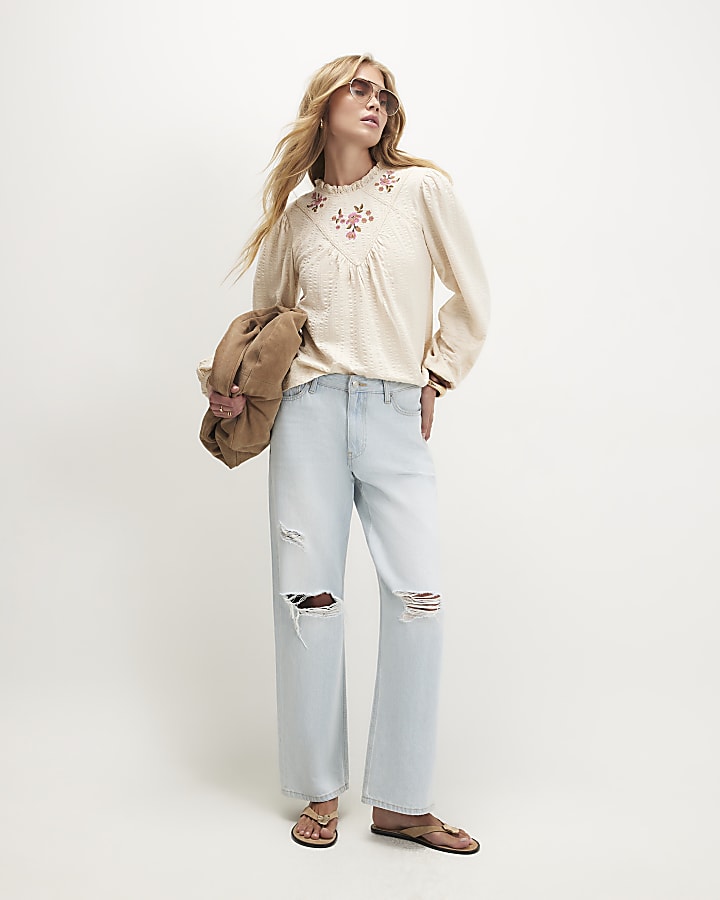 Beige Cotton Floral Embroidered Textured Top