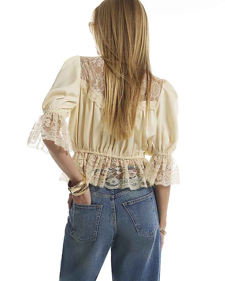 Yellow Satin Lace Tie Front Top
