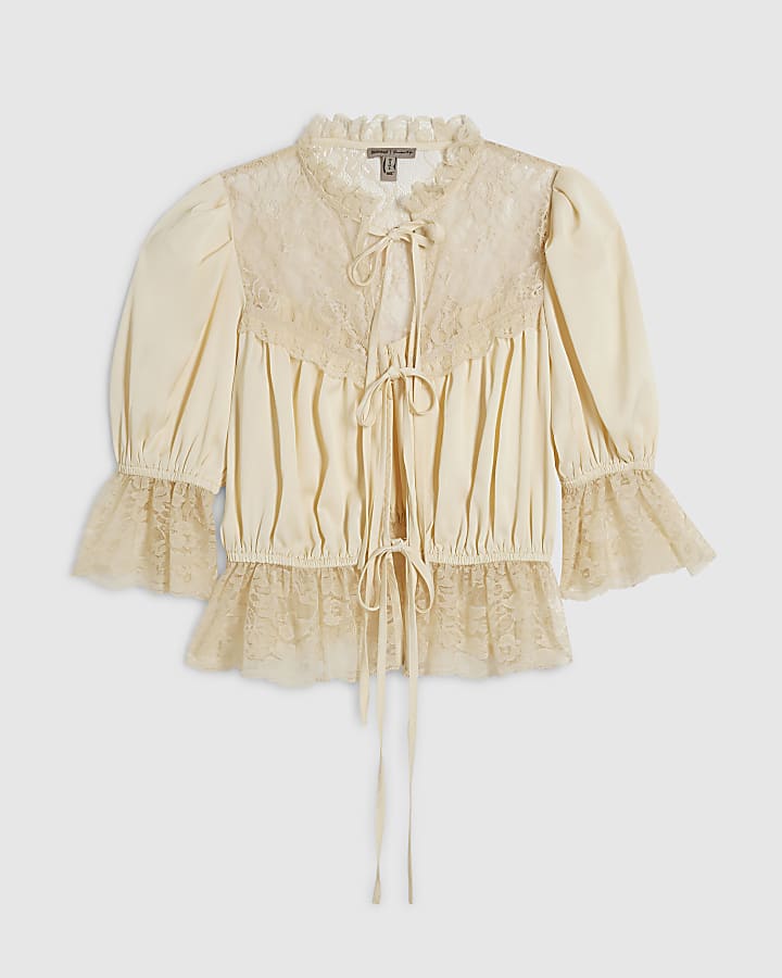 Yellow Satin Lace Tie Front Top
