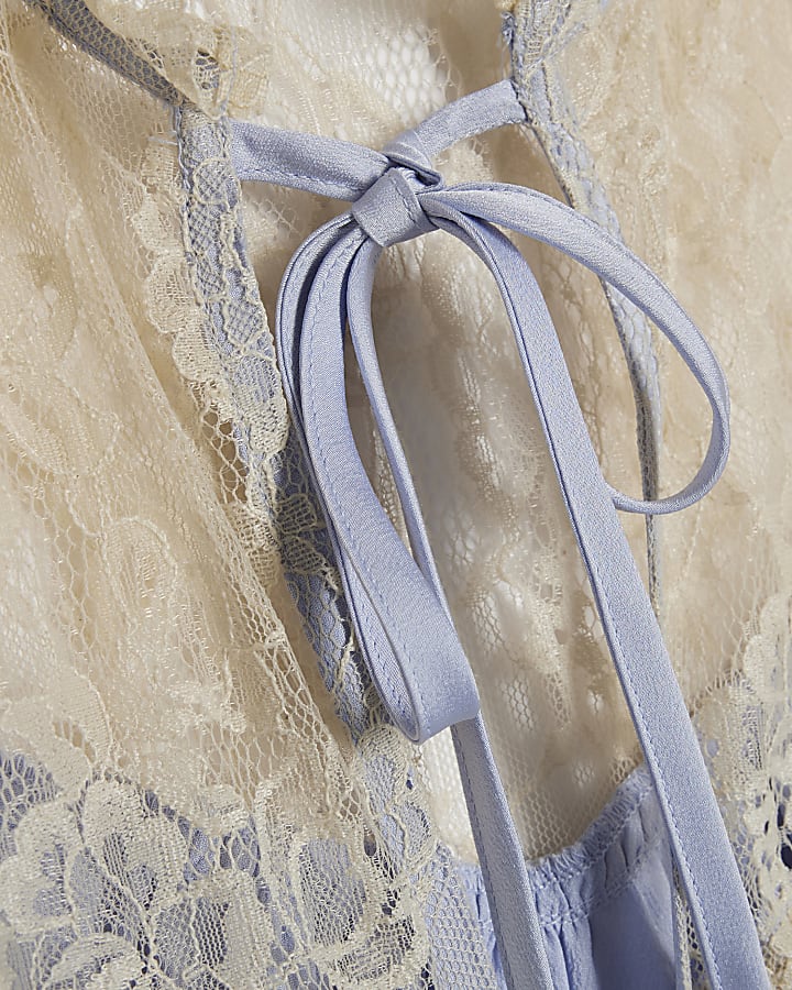 Blue Satin Lace Tie Front Top