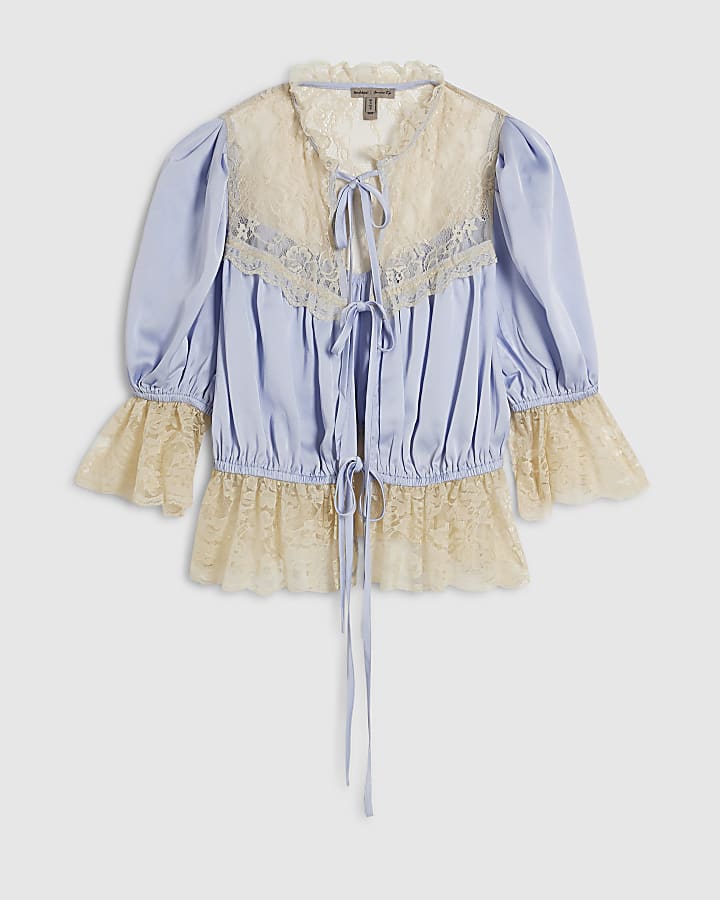 Blue Satin Lace Tie Front Top