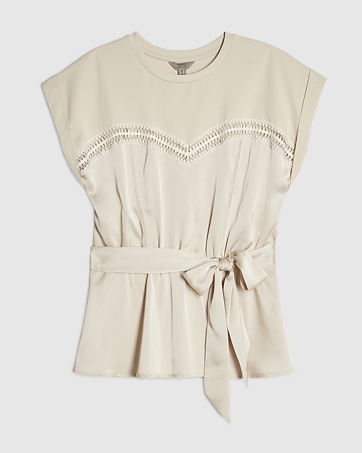 Cream Satin Hybrid Tie Waist T-Shirt