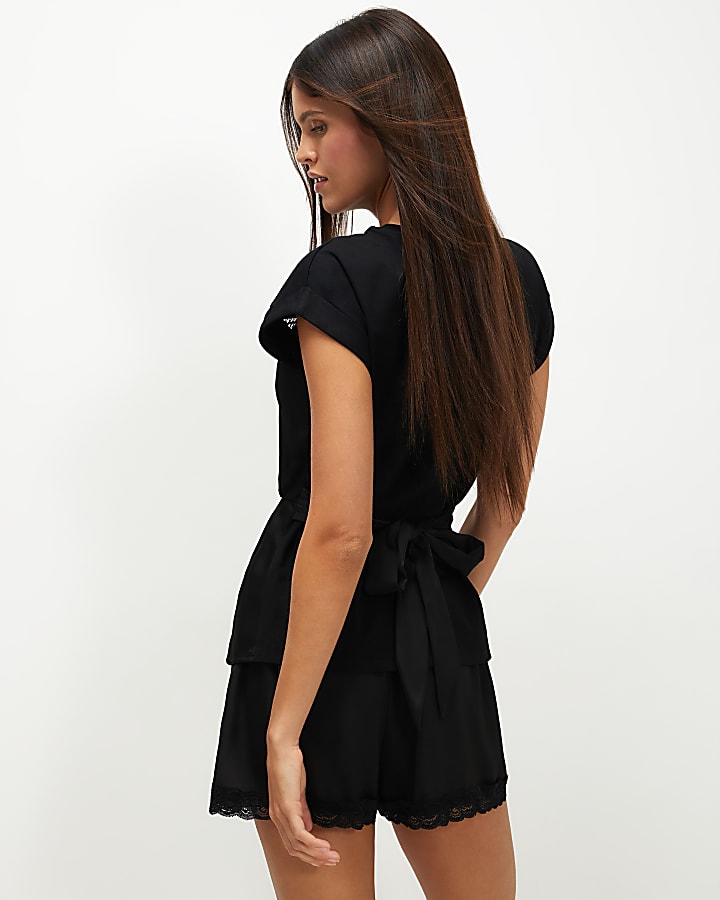 Black Satin Hybrid Tie Waist T-Shirt