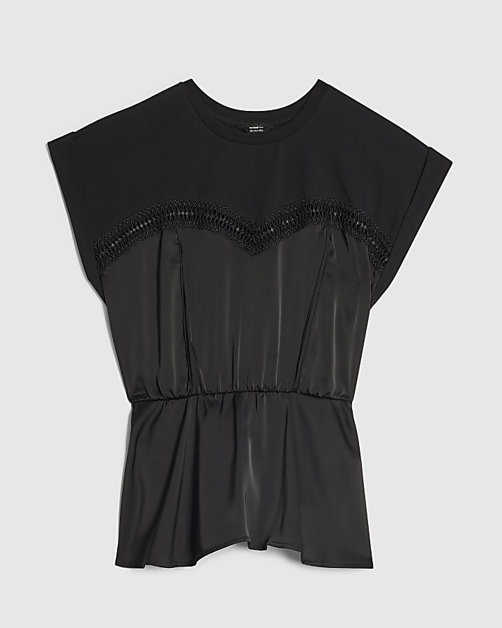 Black Satin Hybrid Tie Waist T-Shirt