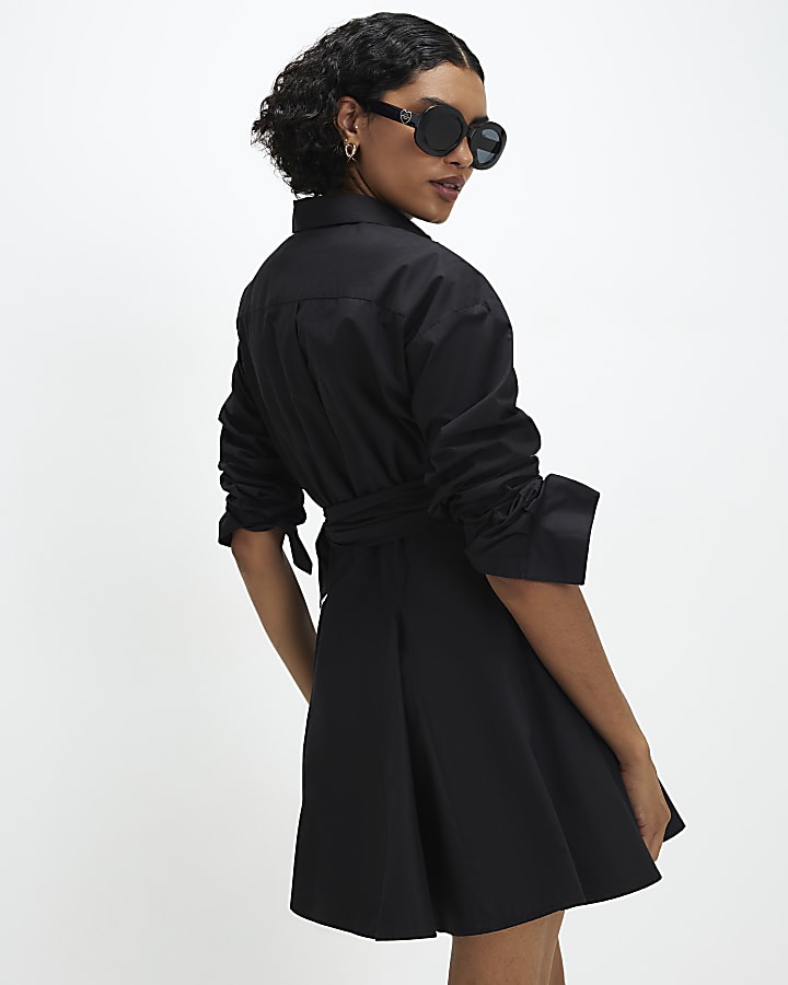 Black Cotton Poplin Wrap Skater Dress