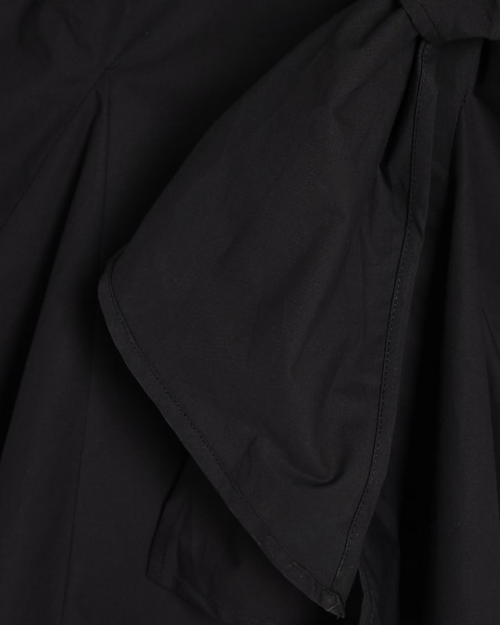 Black Cotton Poplin Wrap Skater Dress