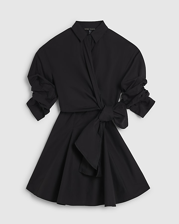 Black Cotton Poplin Wrap Skater Dress