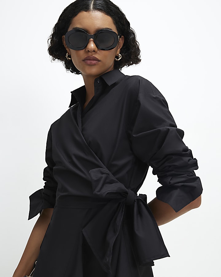 Black Cotton Poplin Wrap Skater Dress