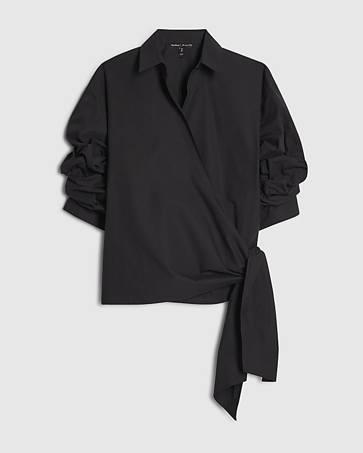 Black Cotton Poplin Wrap Tie Shirt