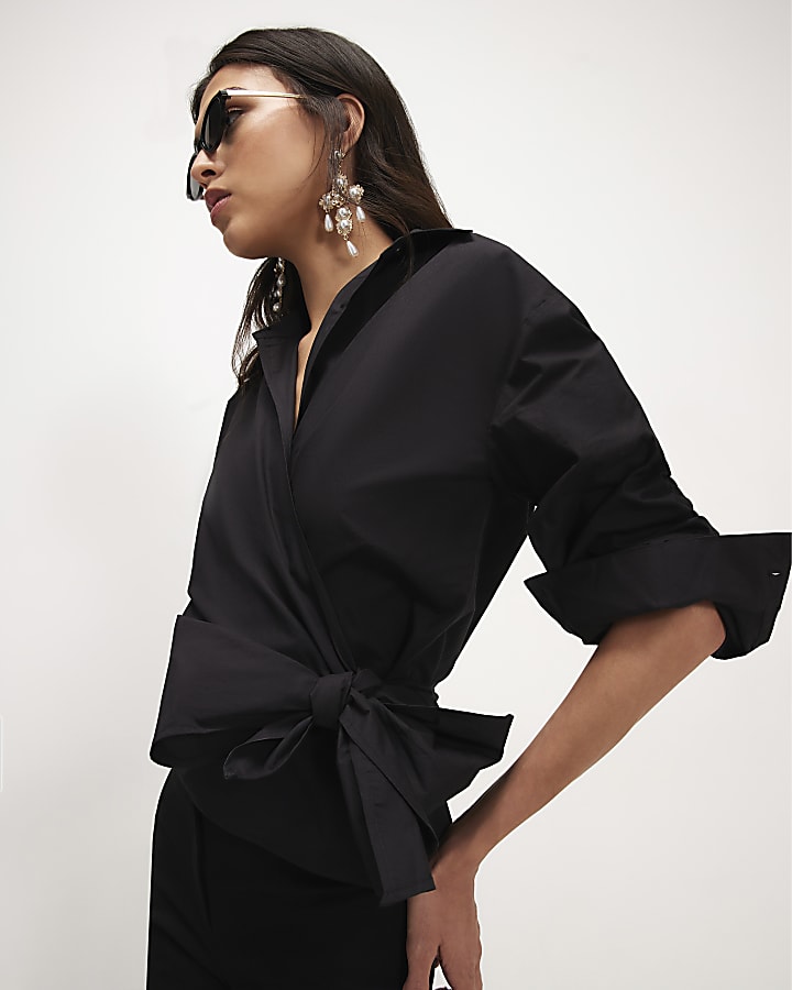 Black Cotton Poplin Wrap Tie Shirt