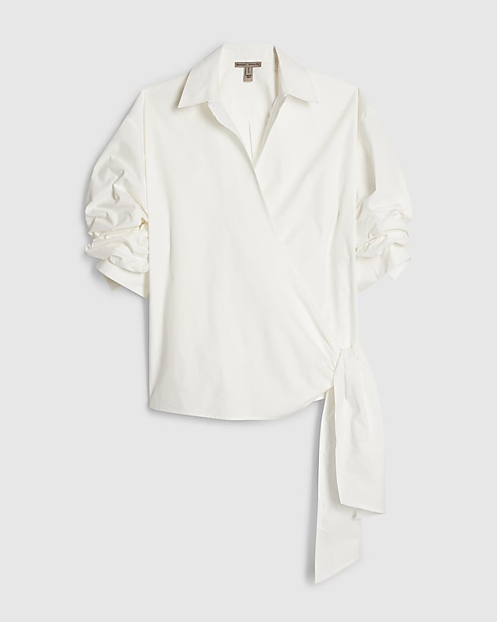 White Poplin Wrap Tie Shirt
