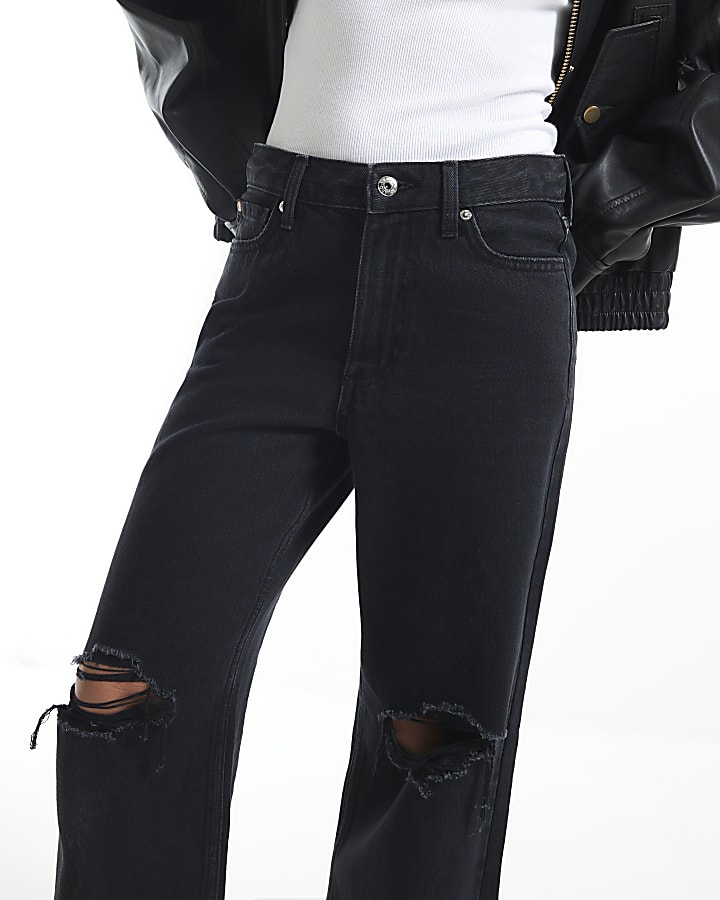 Petite Black Relaxed Straight Leg Rip Jeans