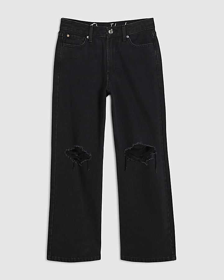 Petite Black Relaxed Straight Leg Rip Jeans