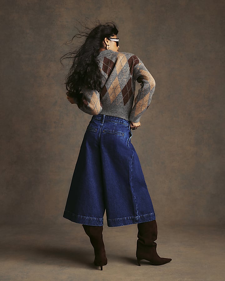Blue Mid Rise Cathy Pleat Culotte Jeans