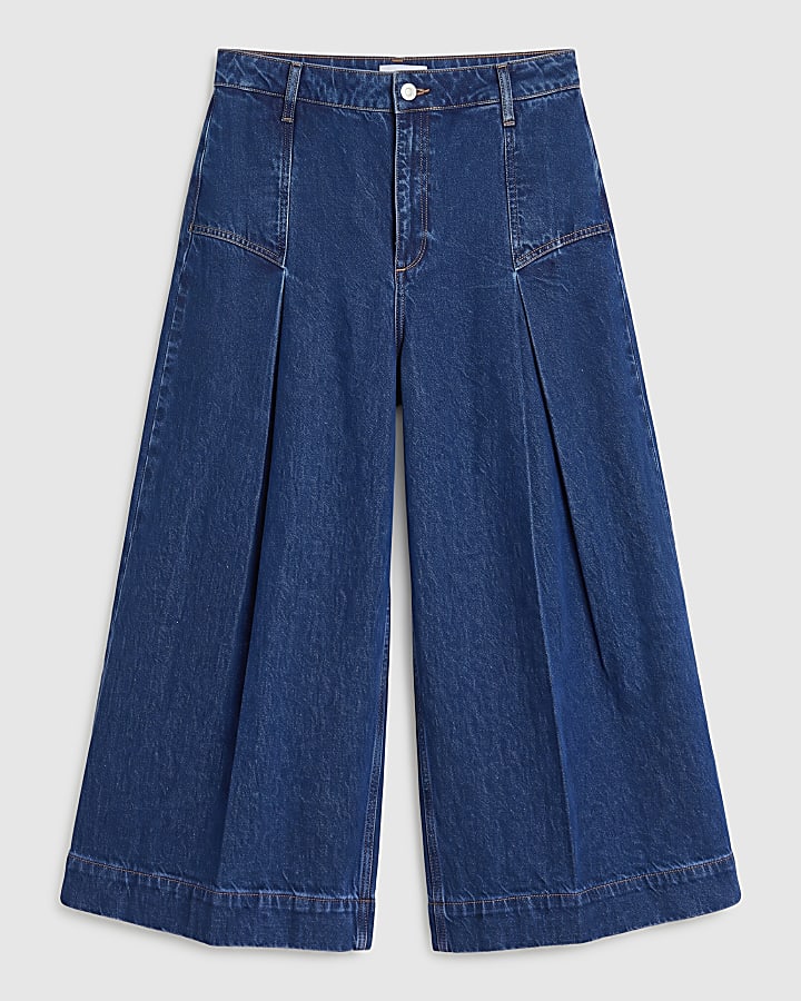Blue Mid Rise Cathy Pleat Culotte Jeans