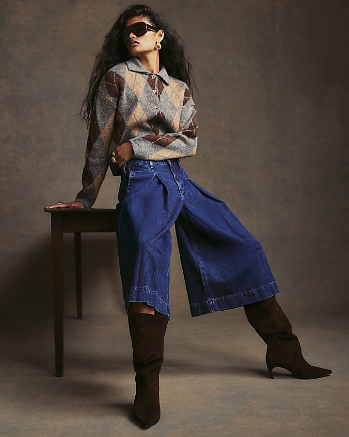 Blue Mid Rise Cathy Pleat Culotte Jeans
