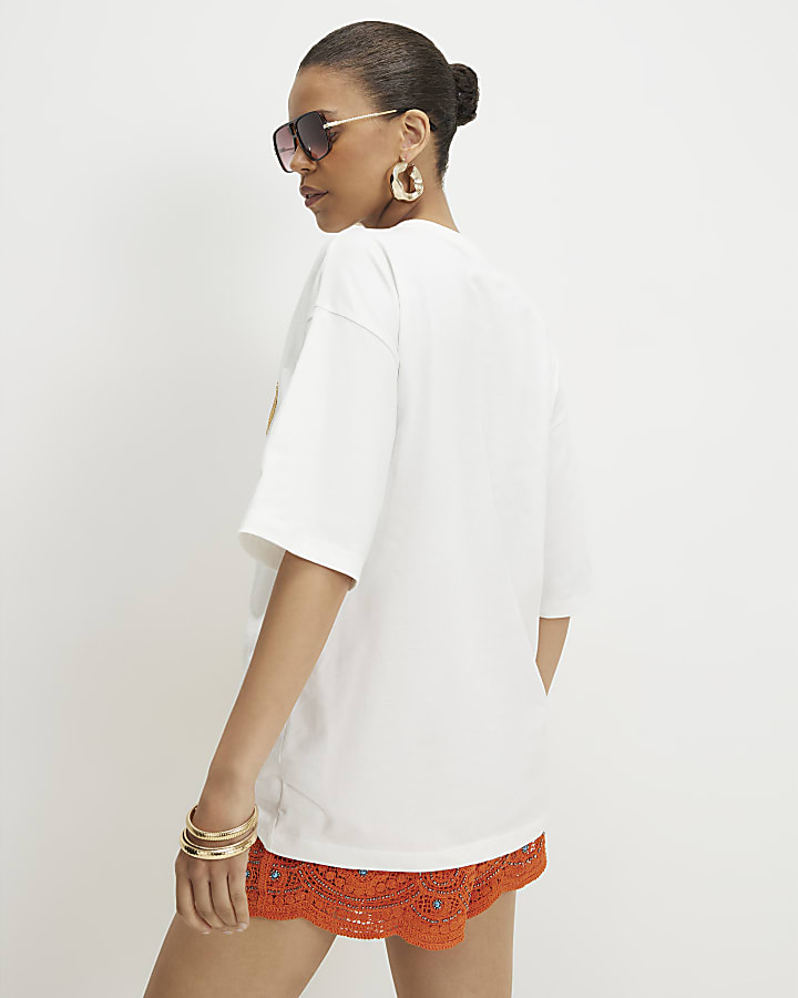White Cotton Boyfriend Fit Palm Print T-Shirt