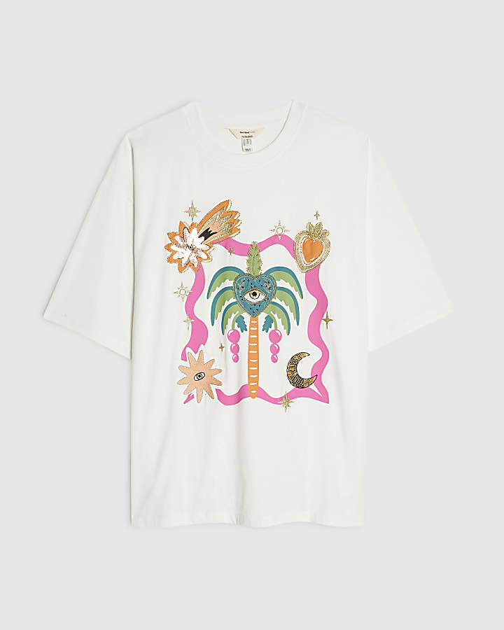 White Cotton Boyfriend Fit Palm Print T-Shirt