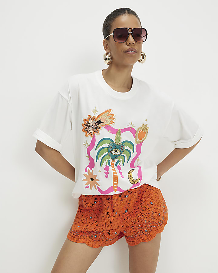 White Cotton Boyfriend Fit Palm Print T-Shirt