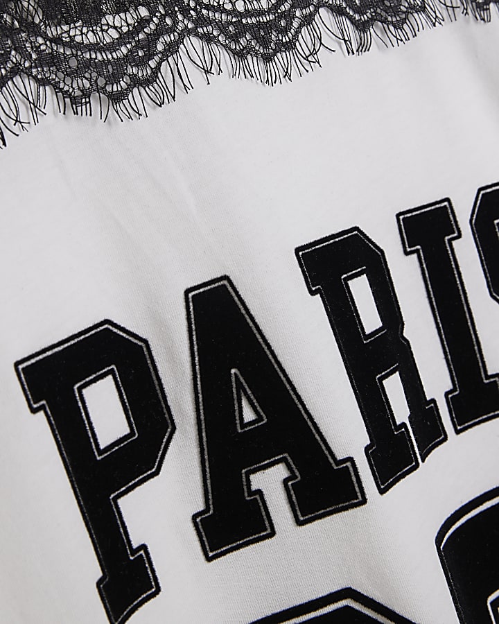 White Boyfriend Fit Lace Paris Sporty T-Shirt