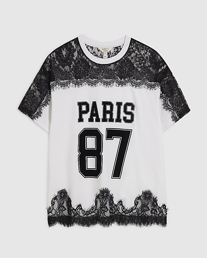 White Boyfriend Fit Lace Paris Sporty T-Shirt