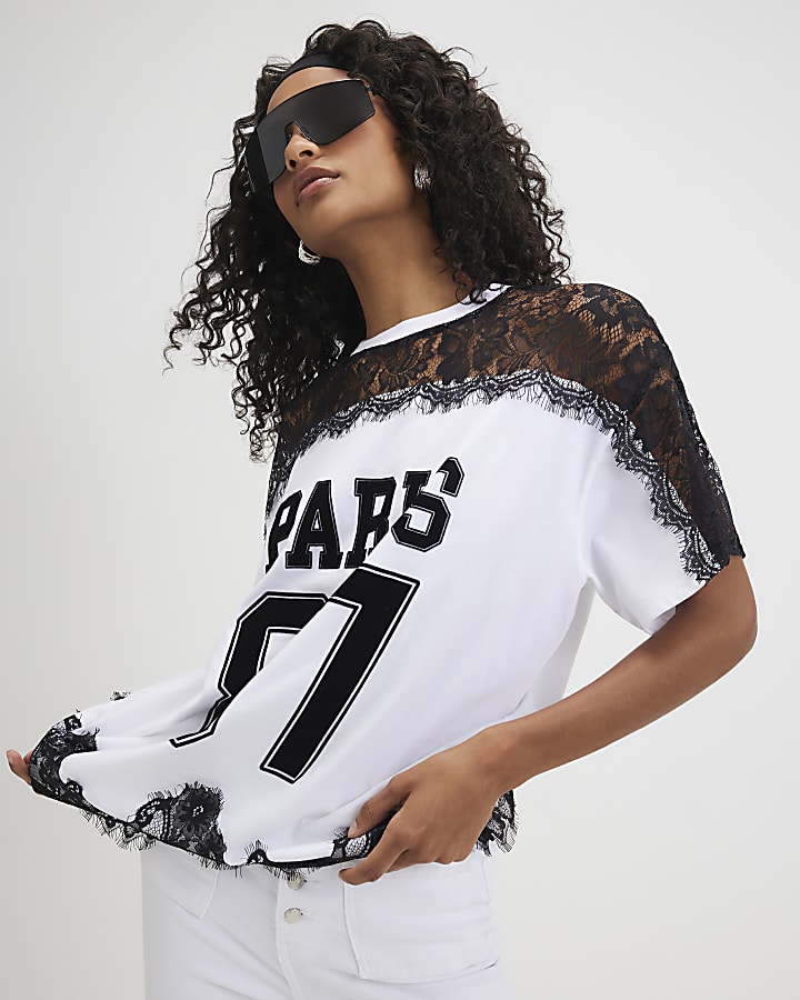 White Boyfriend Fit Lace Paris Sporty T-Shirt