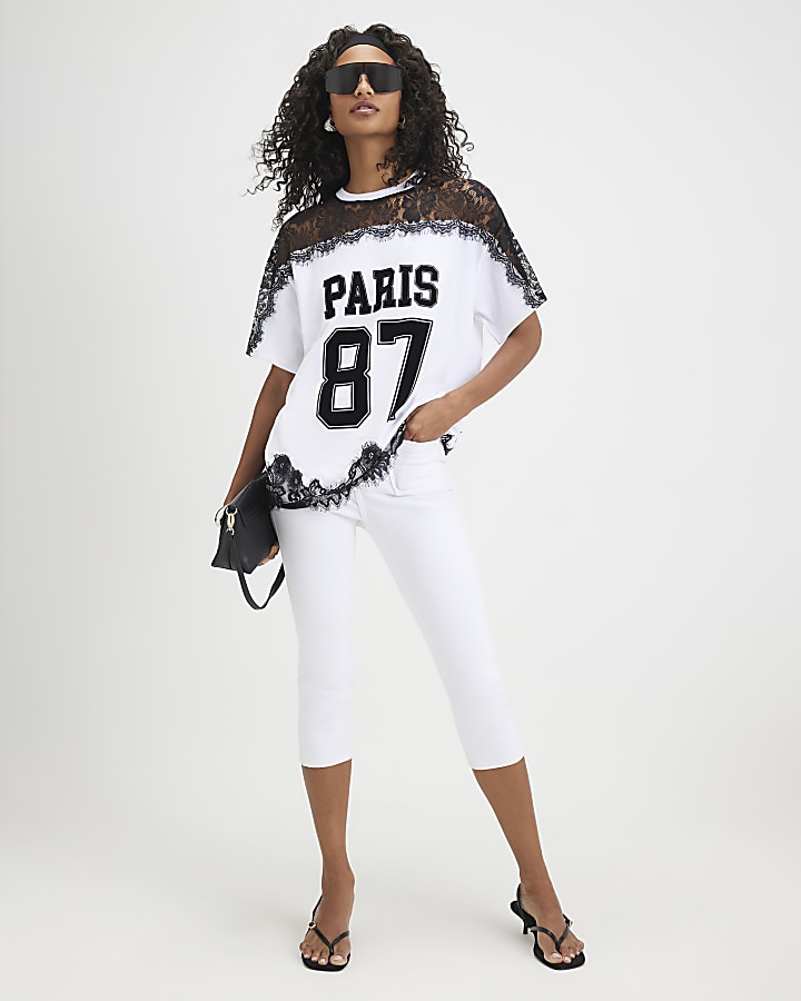 White Boyfriend Fit Lace Paris Sporty T-Shirt