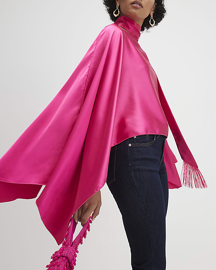 Pink Satin Fringed Scarf Cape