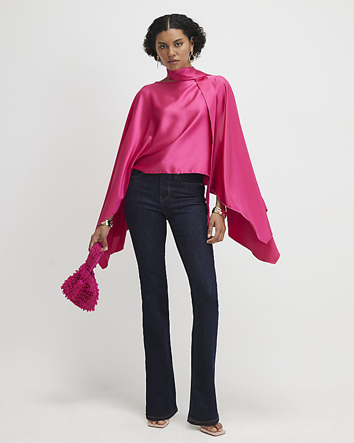 Pink Satin Fringed Scarf Cape