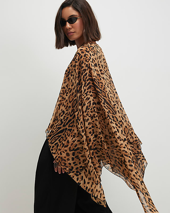 Brown Chiffon Animal Print Waterfall Cape