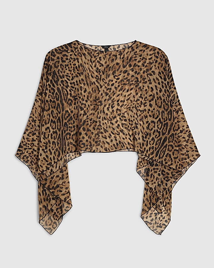 Brown Chiffon Animal Print Waterfall Cape