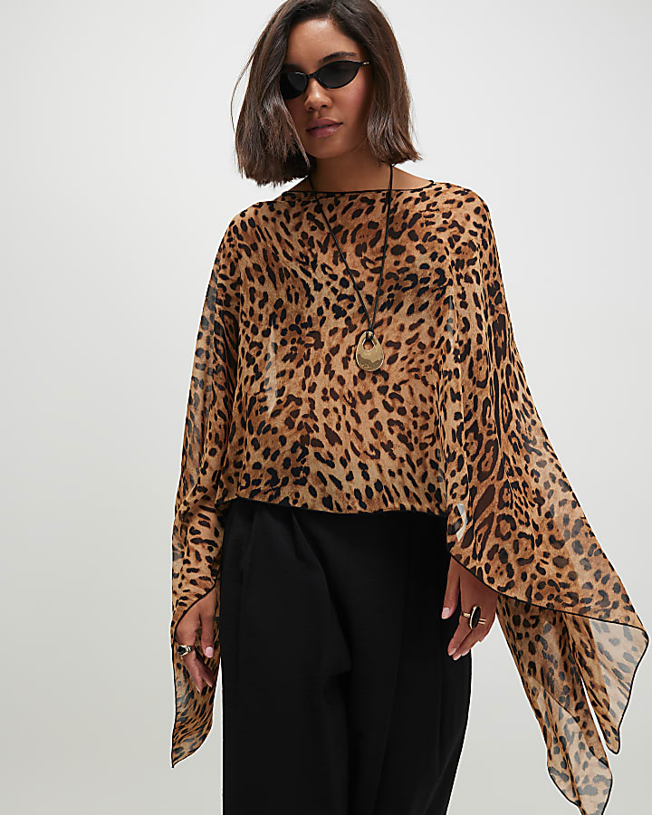 Brown Chiffon Animal Print Waterfall Cape