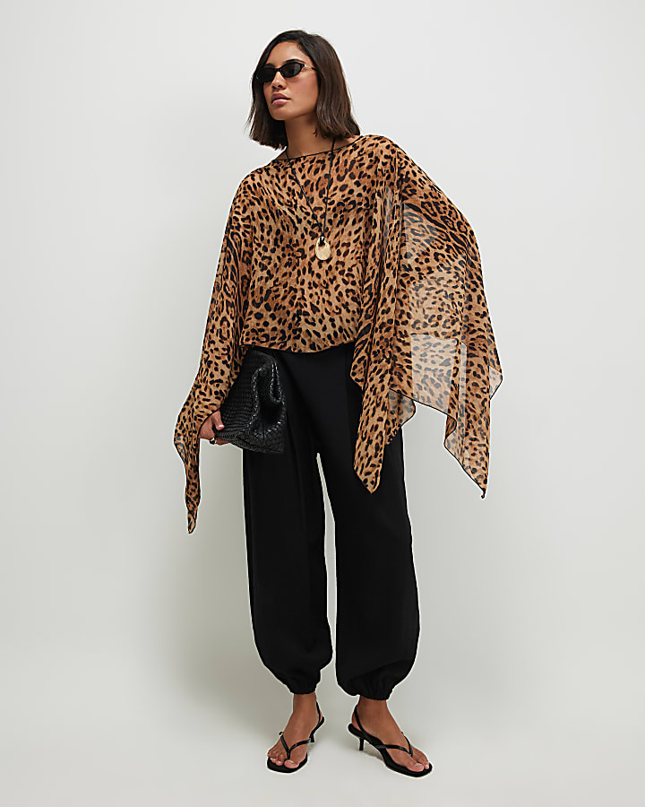 Brown Chiffon Animal Print Waterfall Cape