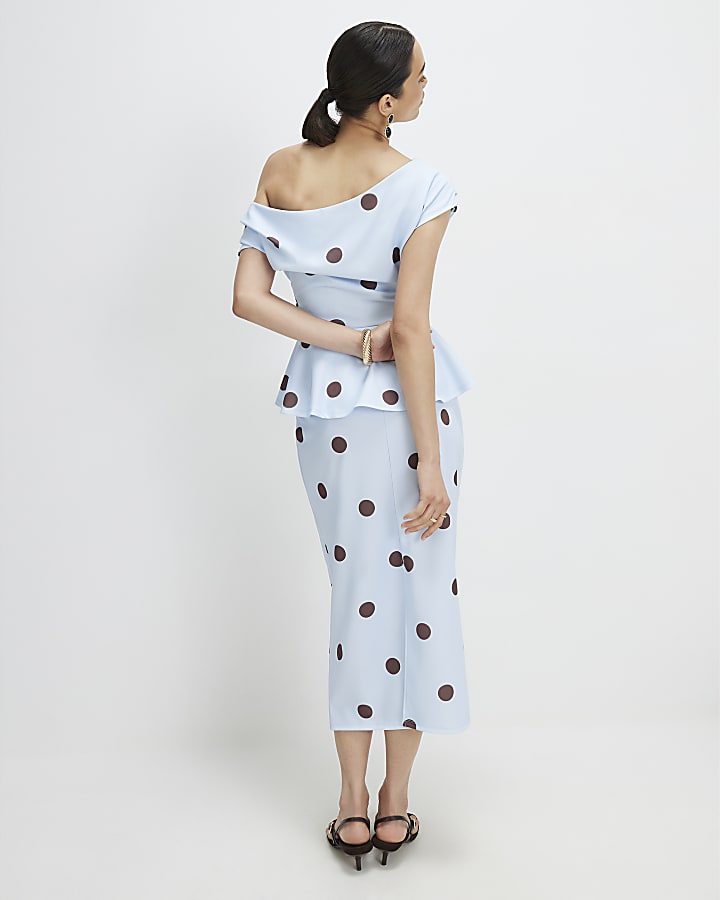 Blue Peplum Polka Dot Midi Dress