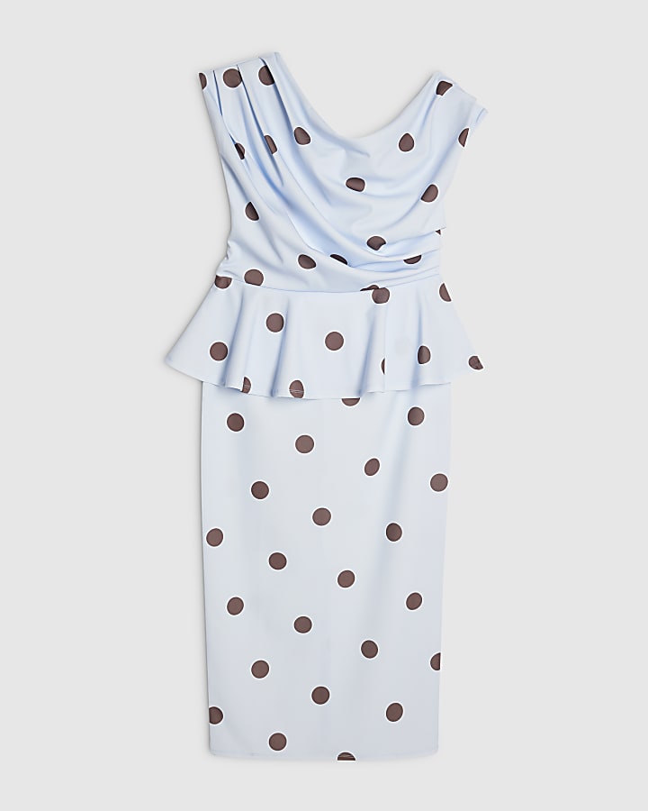 Blue Peplum Polka Dot Midi Dress