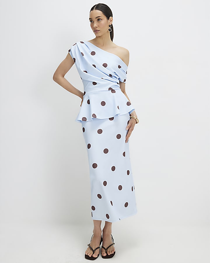 Blue Peplum Polka Dot Midi Dress