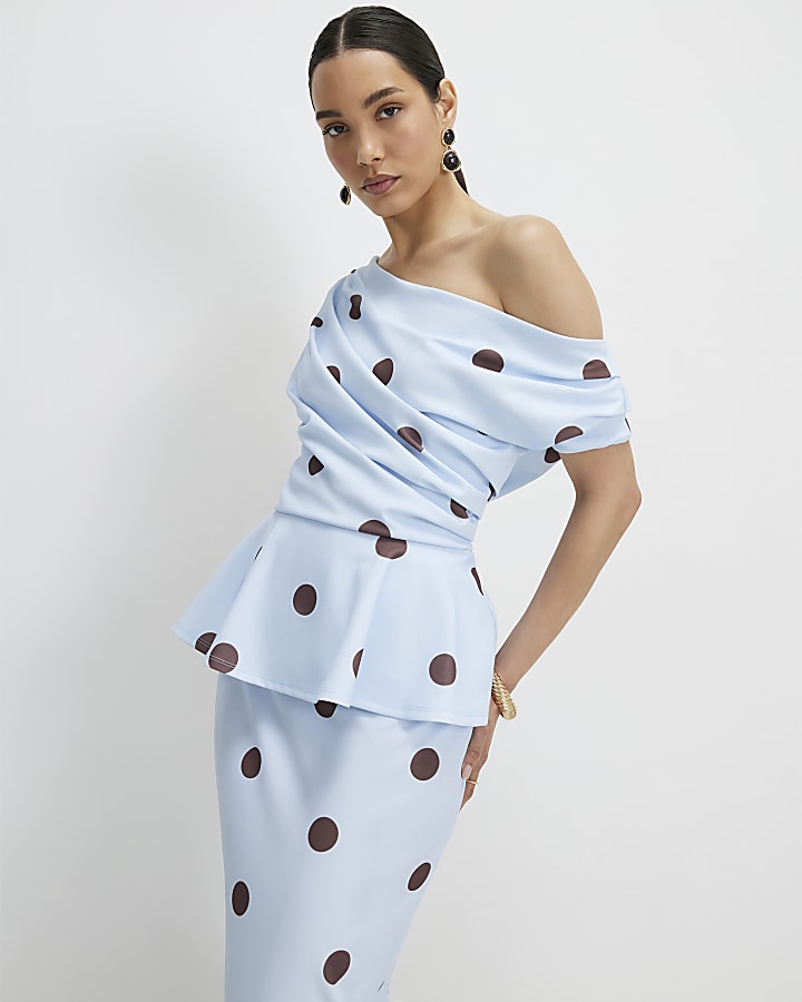 Blue Peplum Polka Dot Midi Dress