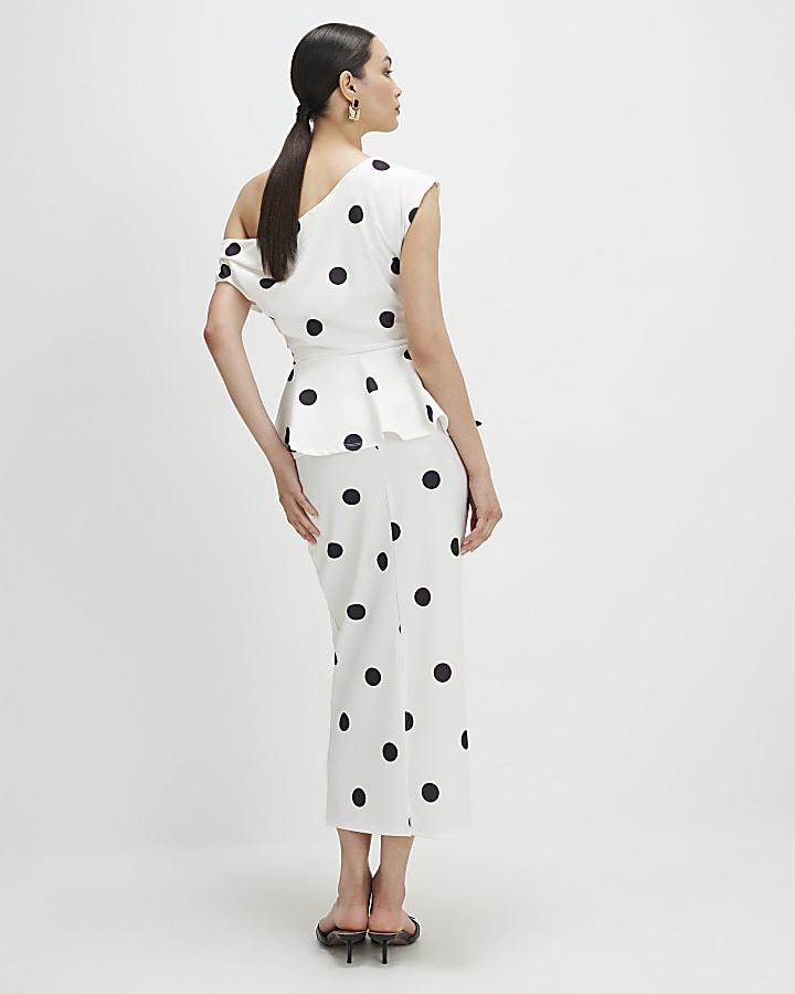White Peplum Polka Dot Midi Dress