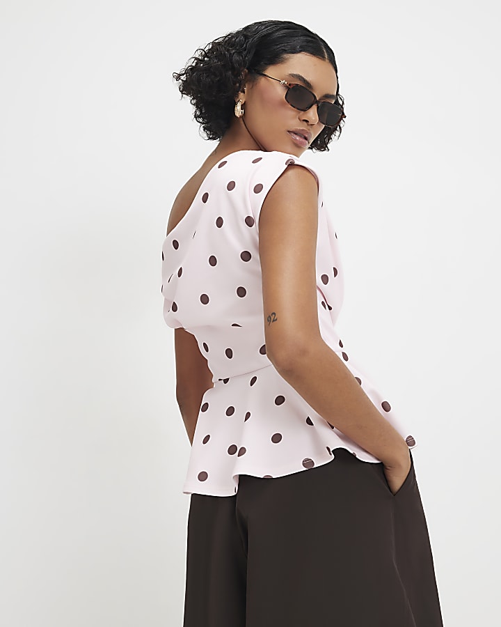 Pink Spot Print Short Sleeve Drape Peplum Top