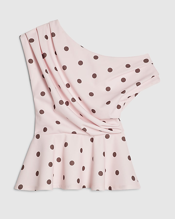 Pink Spot Print Short Sleeve Drape Peplum Top