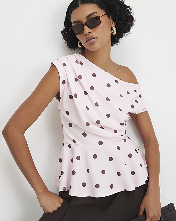 Pink Spot Print Short Sleeve Drape Peplum Top