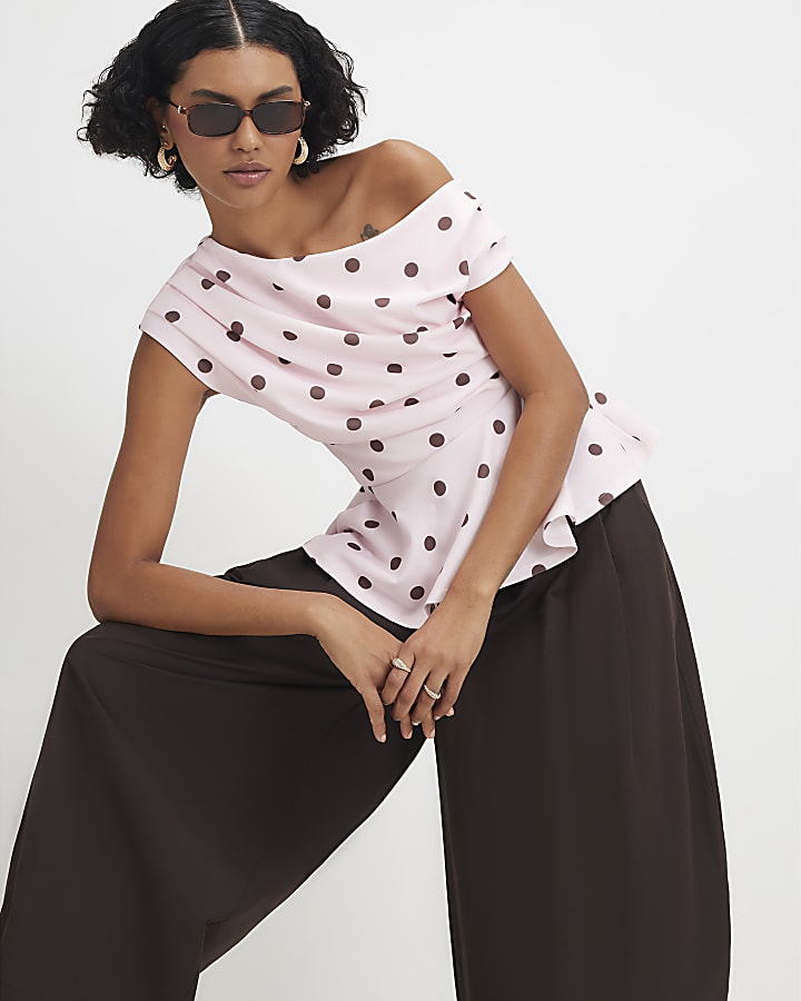 Pink Spot Print Short Sleeve Drape Peplum Top
