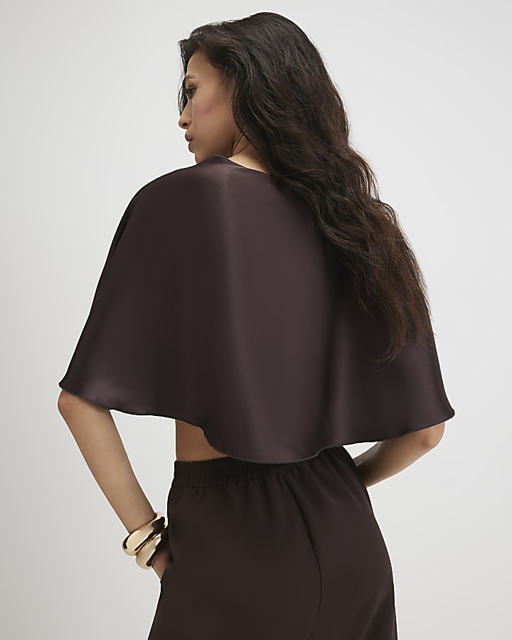 Brown Tie Front Satin Fringe Cape