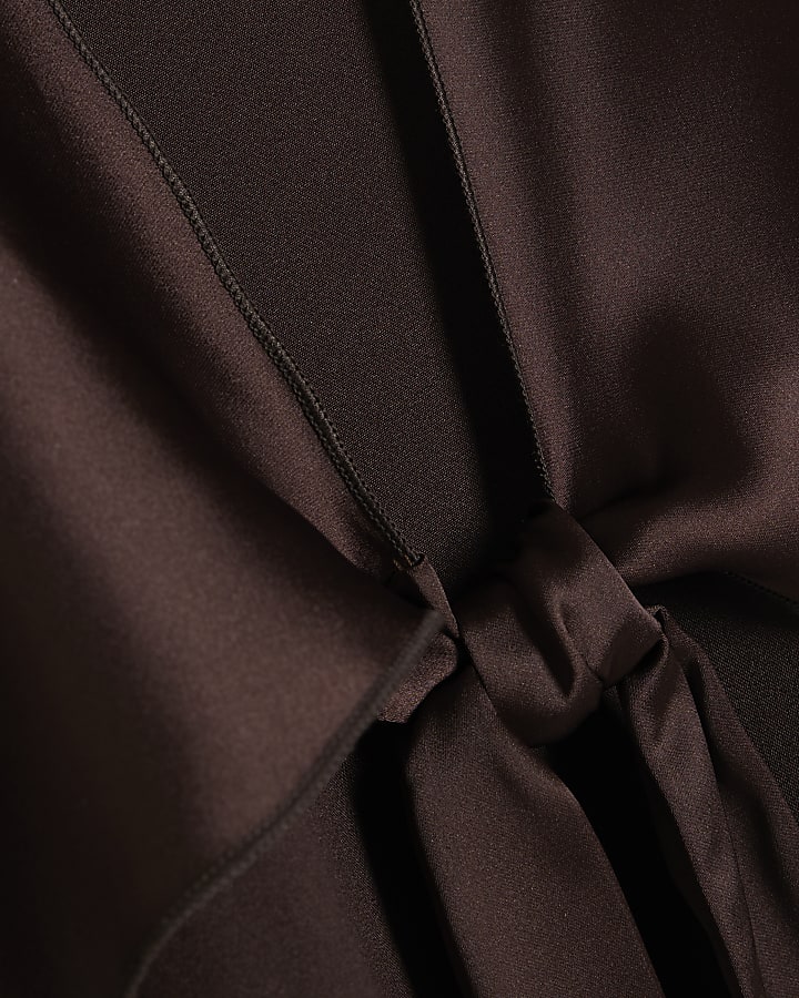 Brown Tie Front Satin Fringe Cape